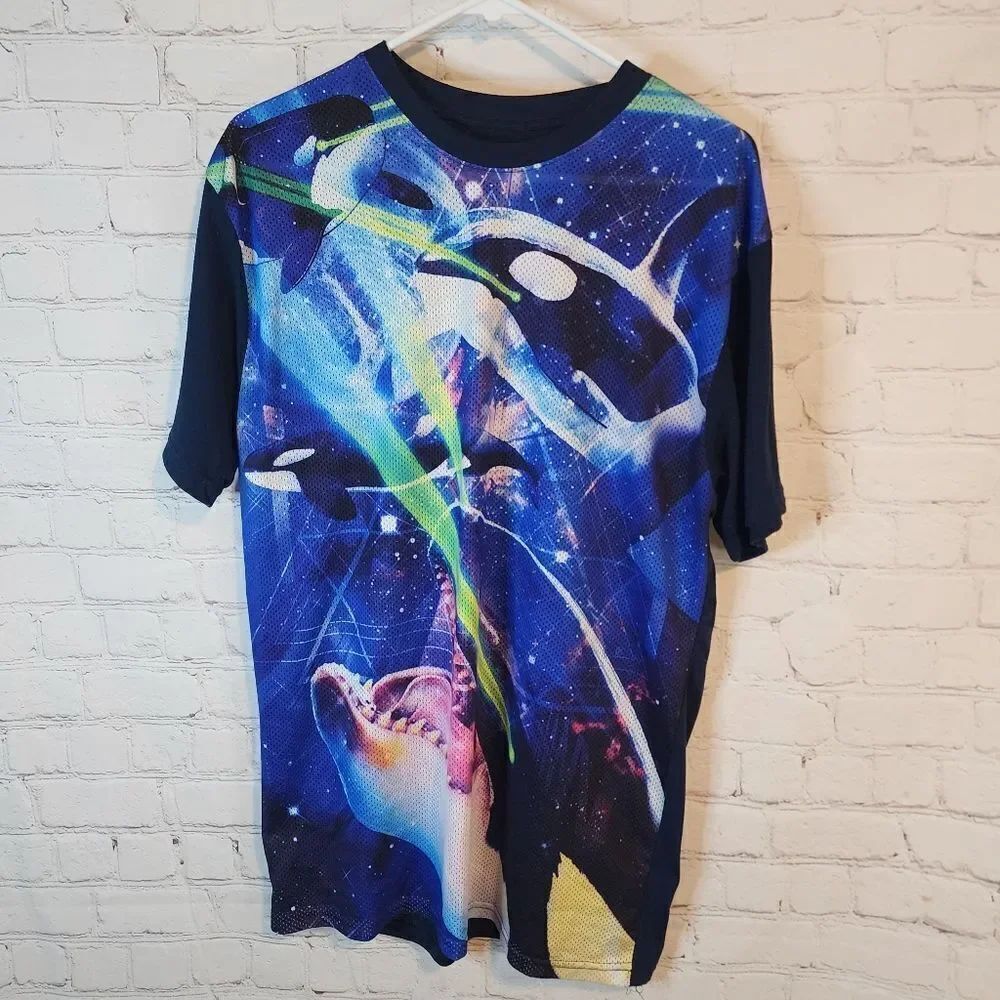 Men's Chemistry "Killer Whales" mesh shirt, size Large